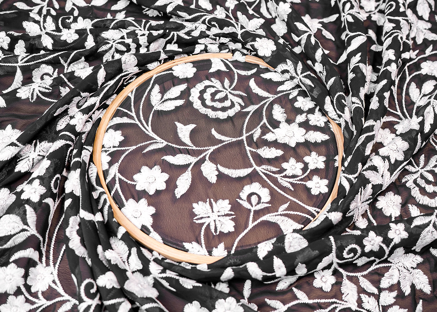( Pre-Cut 2.5 MTR) Navy Blue Georgette Fabric With All Over Thread Work With One Side Border 18127