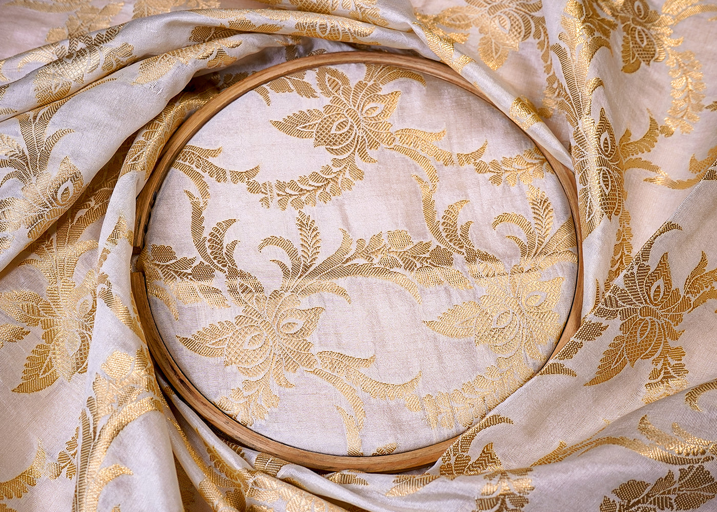 ( Pre-Cut 3.3 MTR) White Banarasi Brocade Fabric With All Over Golden Zari Handloom  18128