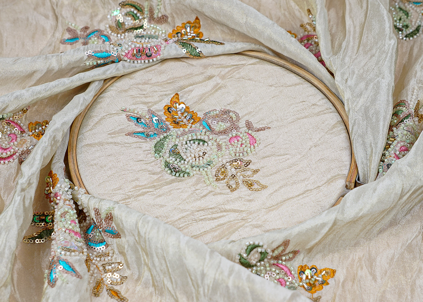 ( Pre-Cut 1.55 MTR) Golden Tissue Fabric With All Over Thread, Katdana, Sequins And Bead Work 18136