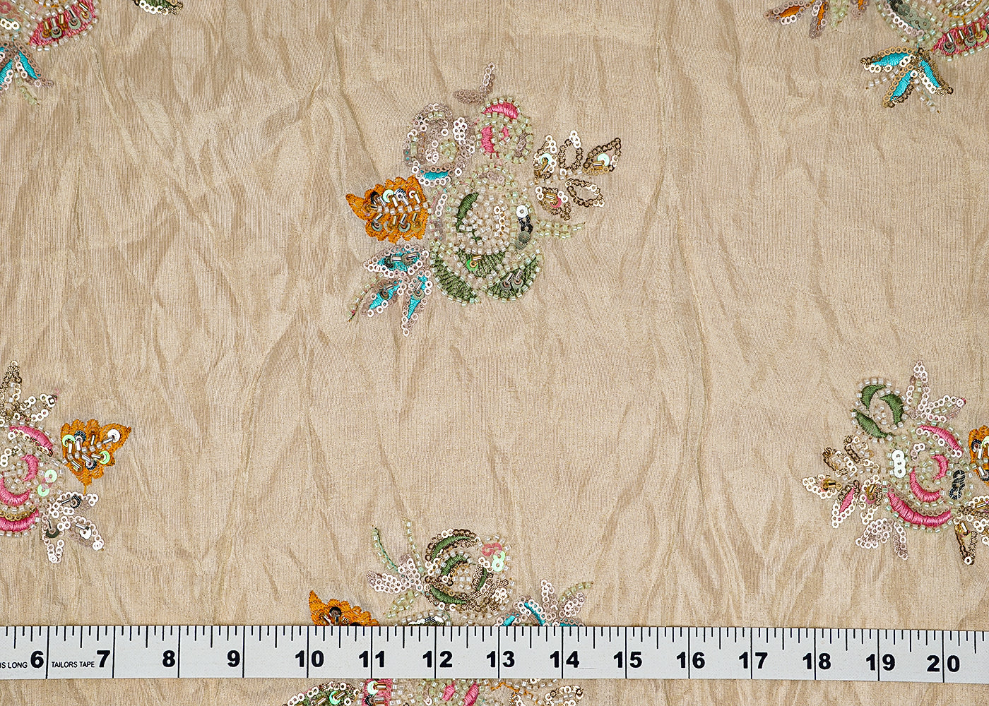( Pre-Cut 1.55 MTR) Golden Tissue Fabric With All Over Thread, Katdana, Sequins And Bead Work 18136