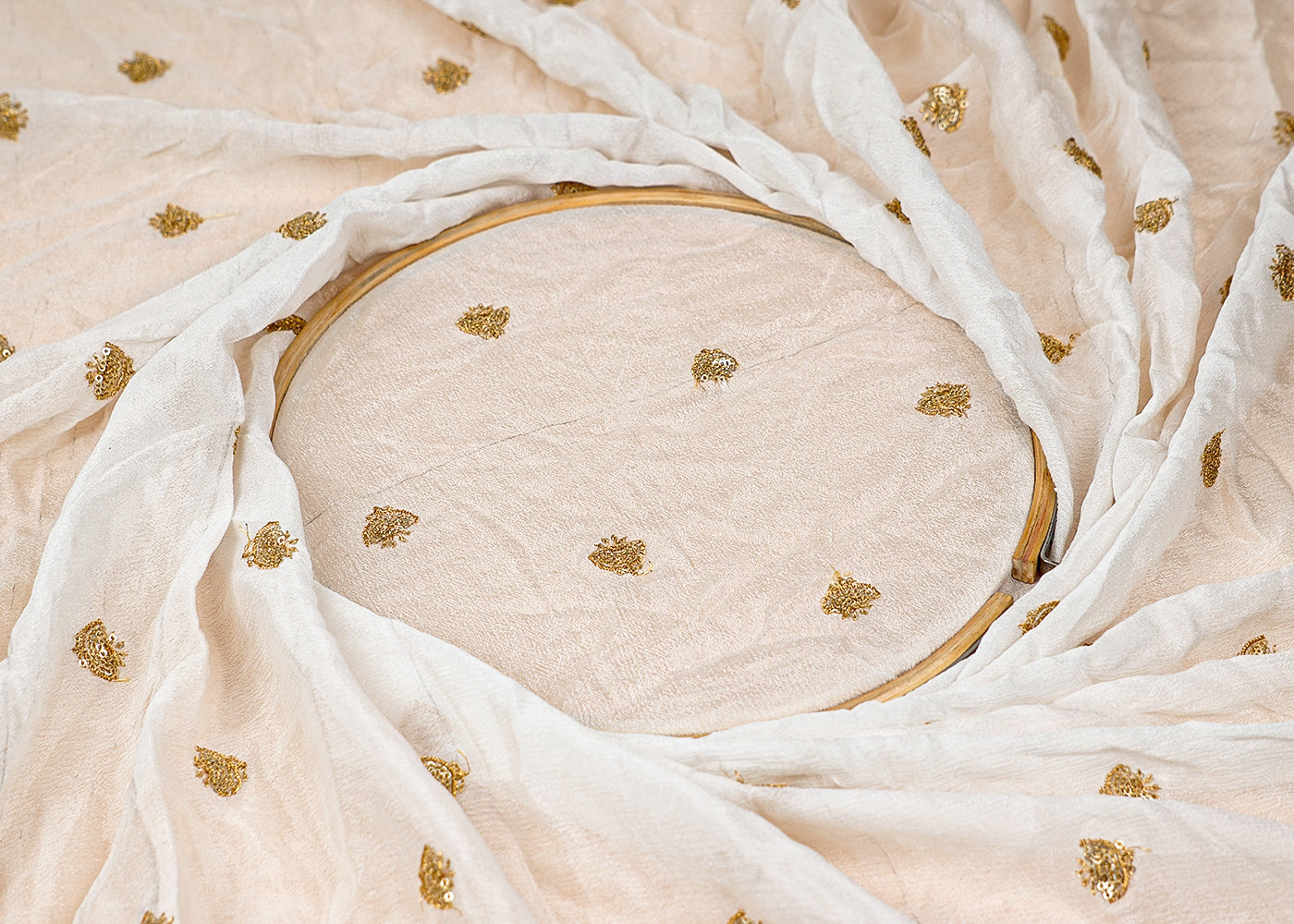 ( Pre-Cut 2.1 MTR) White Chinon Chiffon Fabric With All Over Zari And Sequins Work 18137