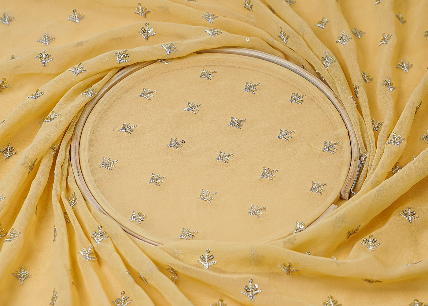 ( Pre-Cut 1.6 MTR) Pale Yellow Georgette Fabric With All Over Zari And Sequins Work   18138