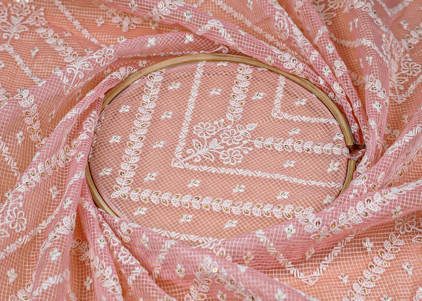 ( Pre-Cut 2.5 MTR) Light Pink Kotadoria Fabric With All Over Kota Work 18145