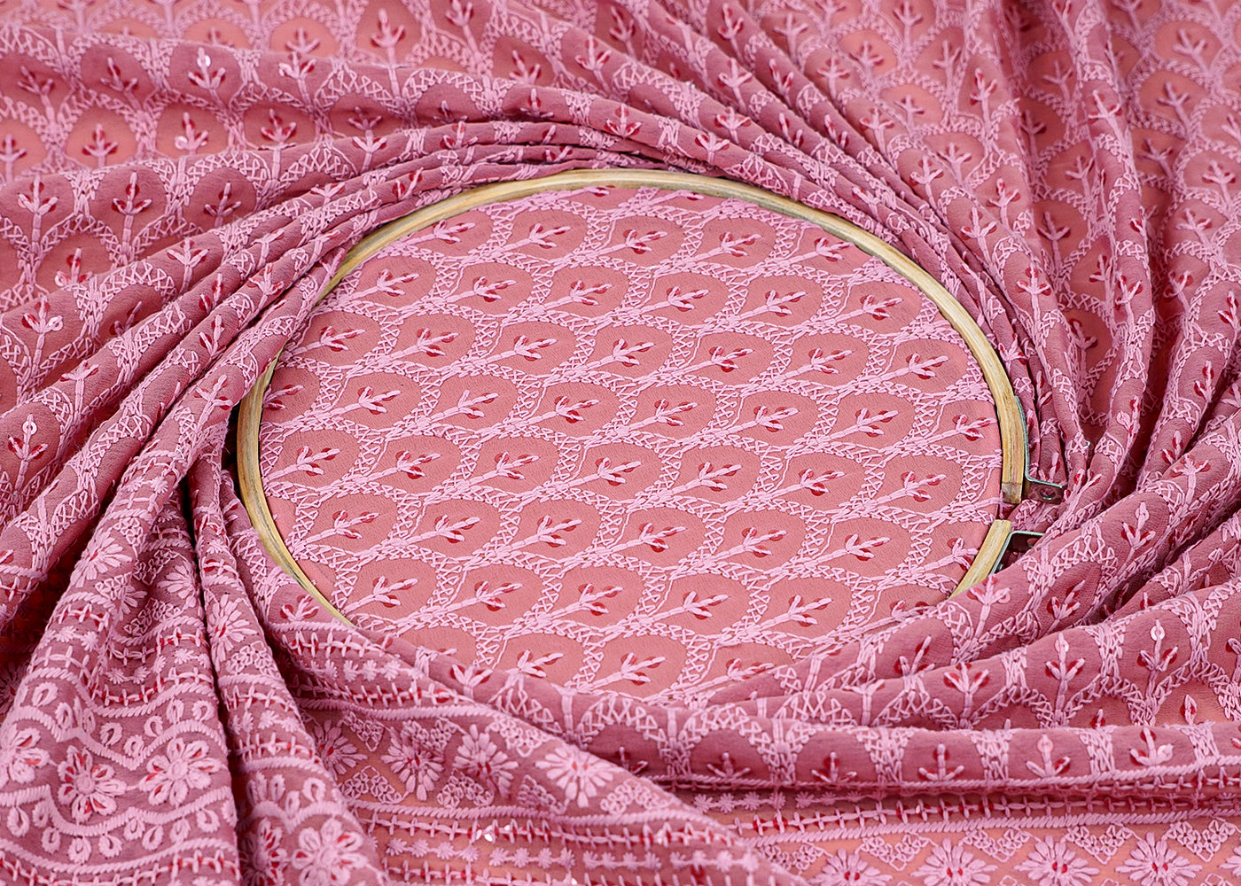 (Pre-Cut 1.8 MTR) Blush Pink Georgette Fabric With All Over Thread And Sequins Work With One Side Heavy Border 18148