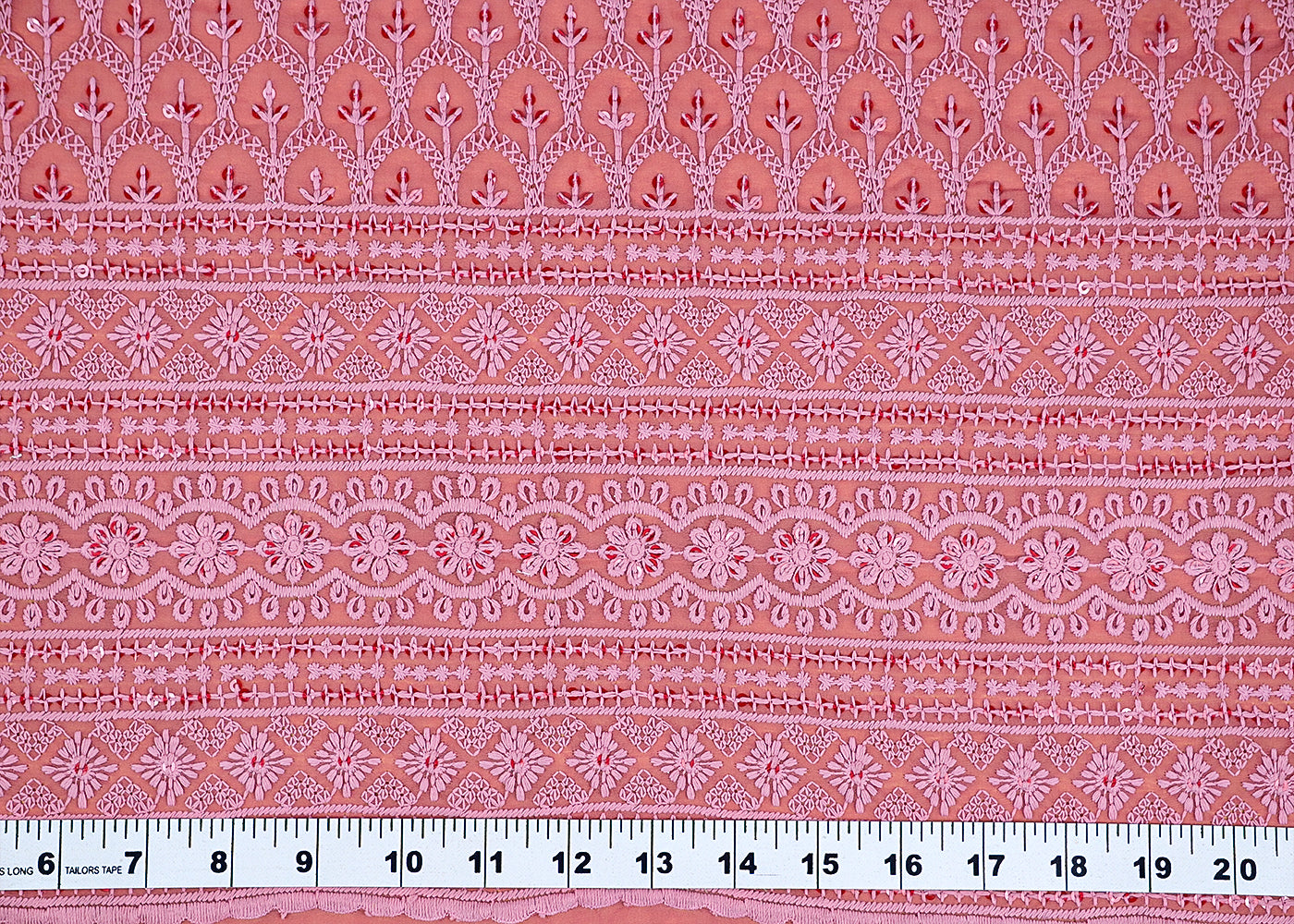 (Pre-Cut 1.8 MTR) Blush Pink Georgette Fabric With All Over Thread And Sequins Work With One Side Heavy Border 18148