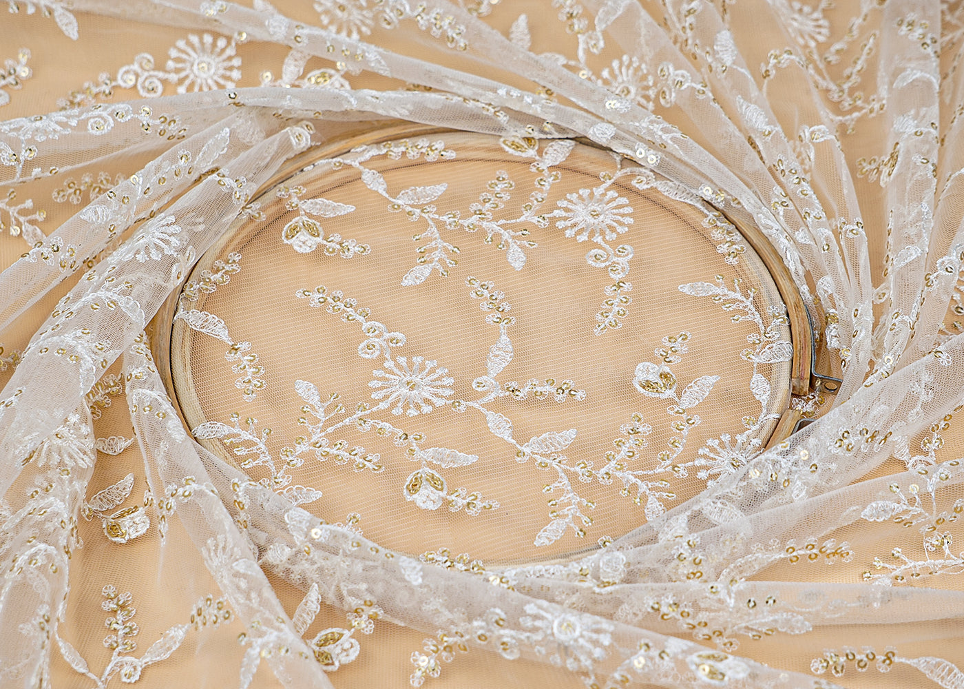 ( Pre-Cut 2.25 MTR) White Net Fabric With All Over Thread And Sequins Work  18149