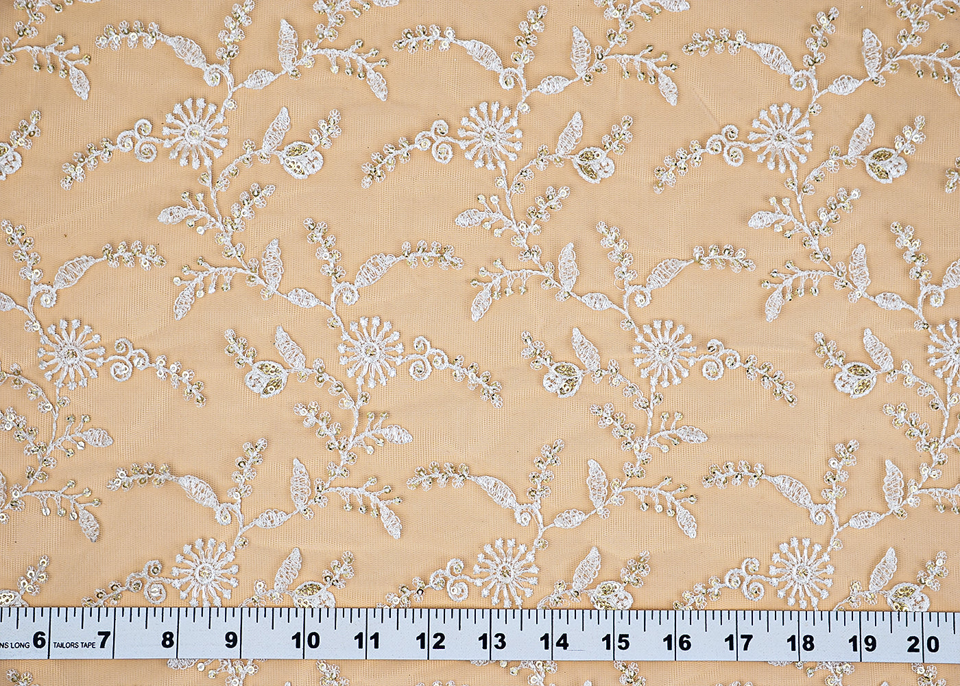 ( Pre-Cut 2.25 MTR) White Net Fabric With All Over Thread And Sequins Work  18149