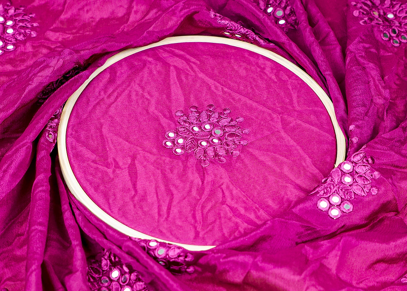 ( Pre-Cut 4.35 MTR) Purple Chinon Chiffon Fabric With All Over Thread And Faux Mirror Work 18150