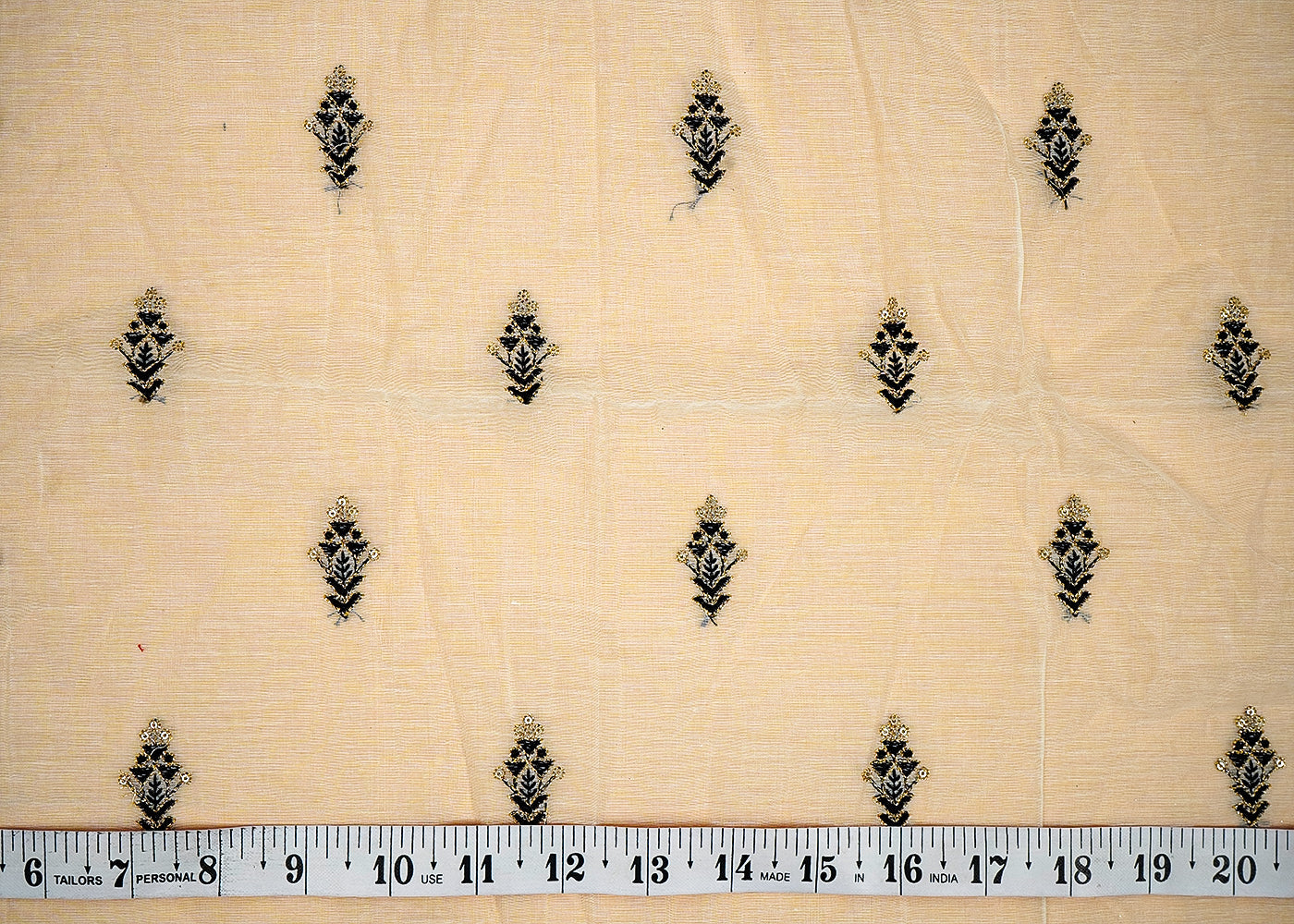 ( Pre-Cut 0.9 MTR) White Chanderi Fabric With All Over Thread Golden Zari And Sequins Work 18152