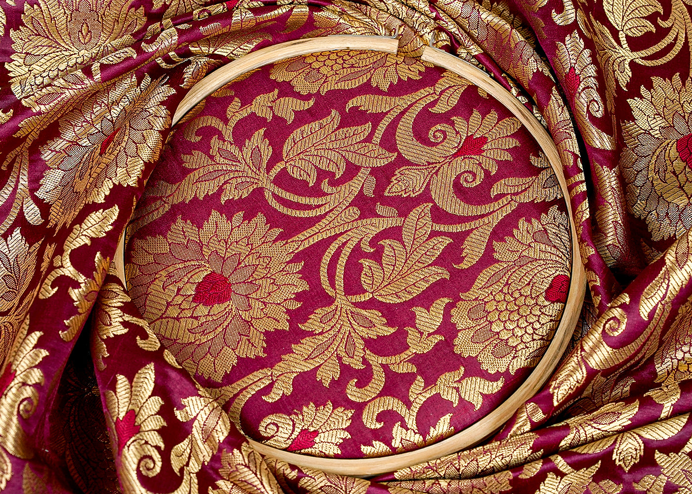 ( Pre-Cut 1 MTR) Pink Banarasi Brocade  Fabric With All Over Golden Zari Handloom 18156