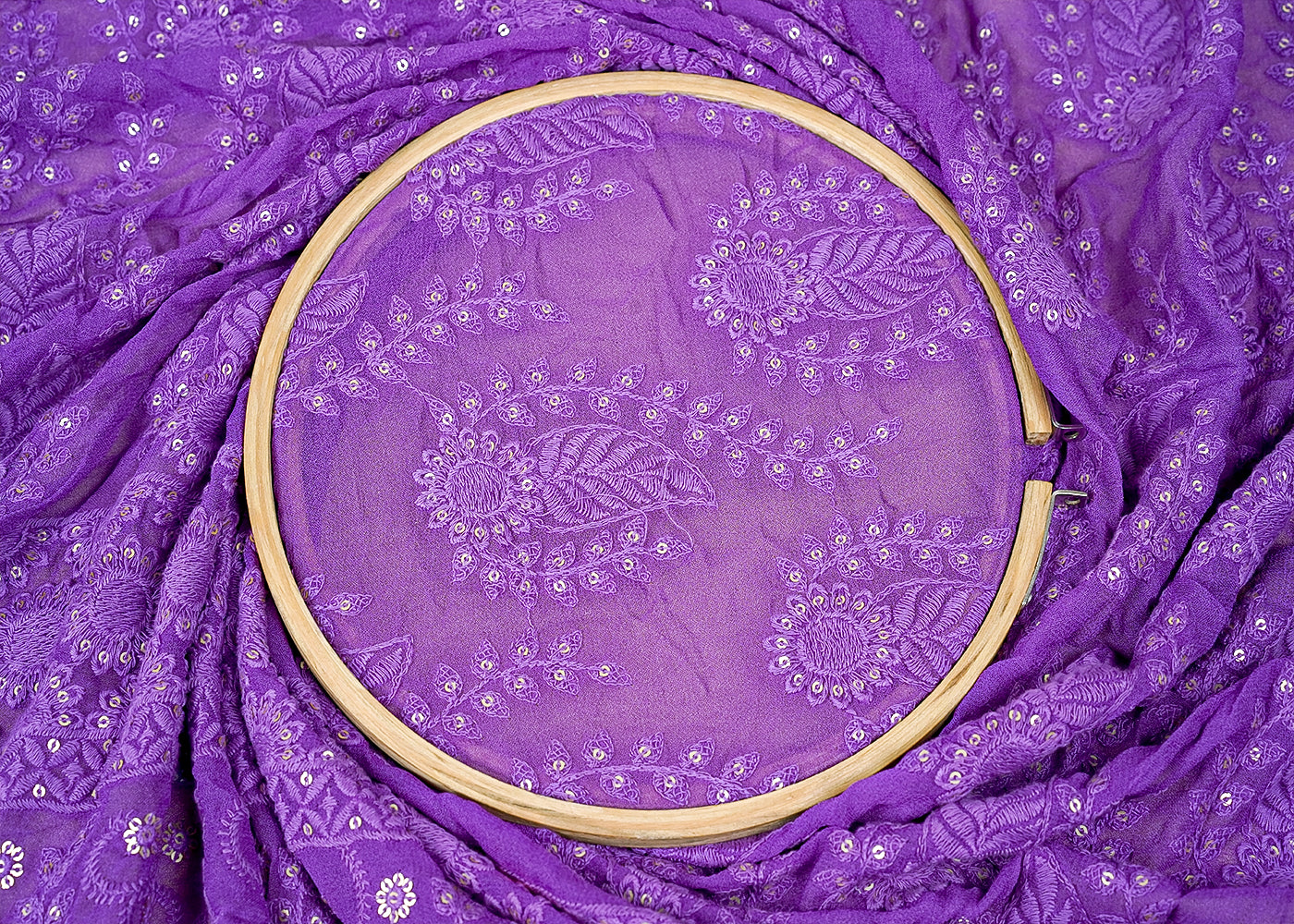 ( Pre-Cut 2.35 MTR) Light Purple Georgette Fabric With All Over Thread And Sequins Work With One Side Border 18157