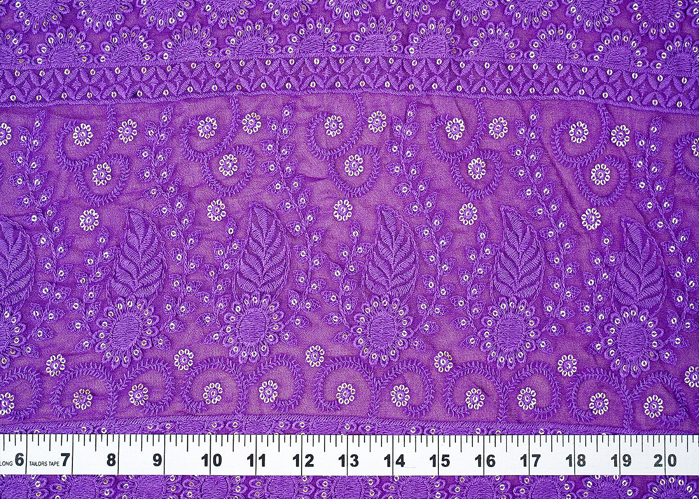 ( Pre-Cut 2.35 MTR) Light Purple Georgette Fabric With All Over Thread And Sequins Work With One Side Border 18157