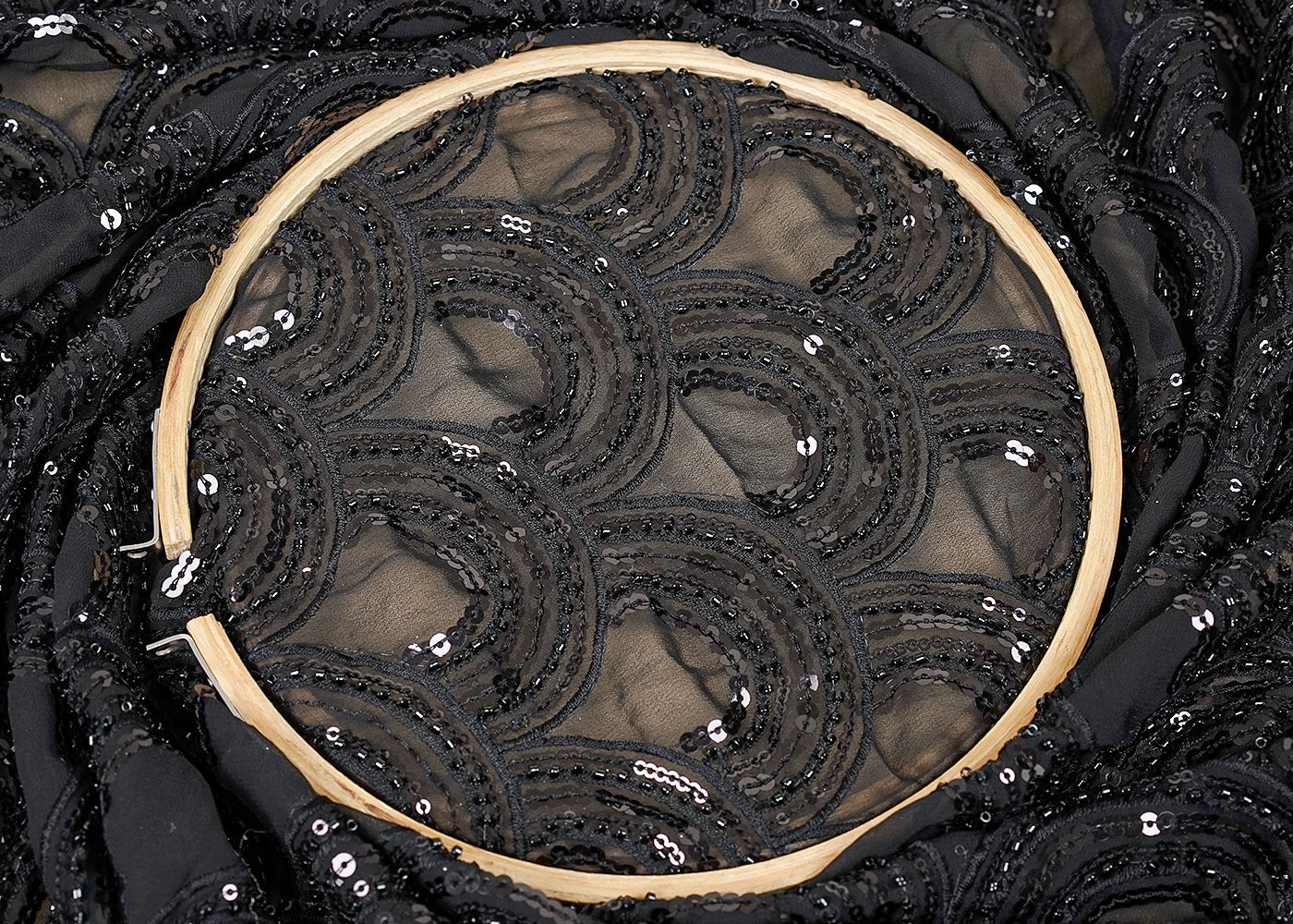( Pre-Cut 0.6 MTR) Black Georgette Fabric With All Over Thread, Sequins And Beadwork  18159