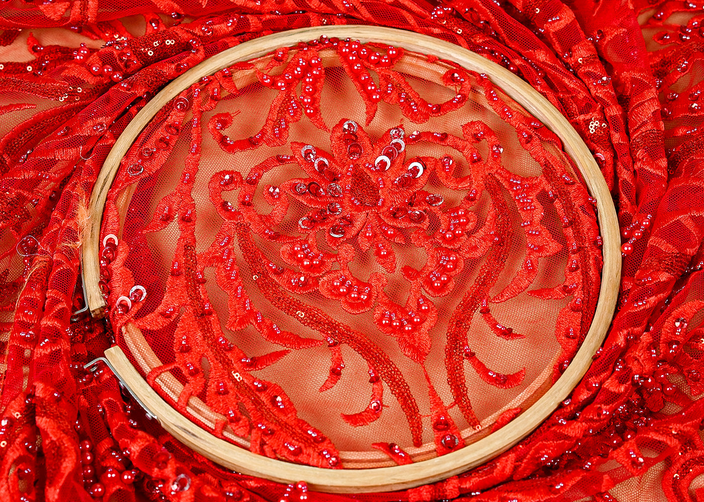 ( Pre-Cut 1.85 MTR) Red Imported Net Fabric With All Over Thread, Sequins, Bead And Pearl Work 18160