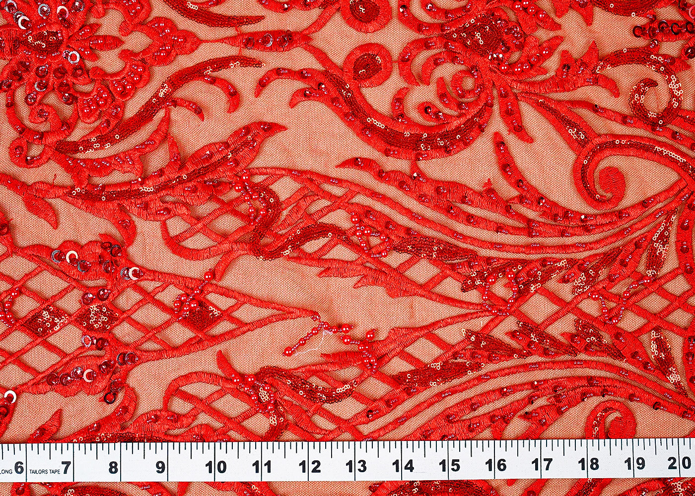 ( Pre-Cut 1.85 MTR) Red Imported Net Fabric With All Over Thread, Sequins, Bead And Pearl Work 18160