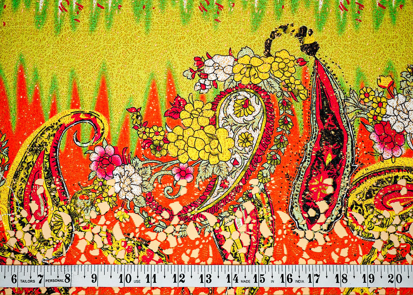 ( Pre-Cut 4.45 MTR) Multi-Colour Sandlin Lace Fabric With All Over Traditional Pattern 18161