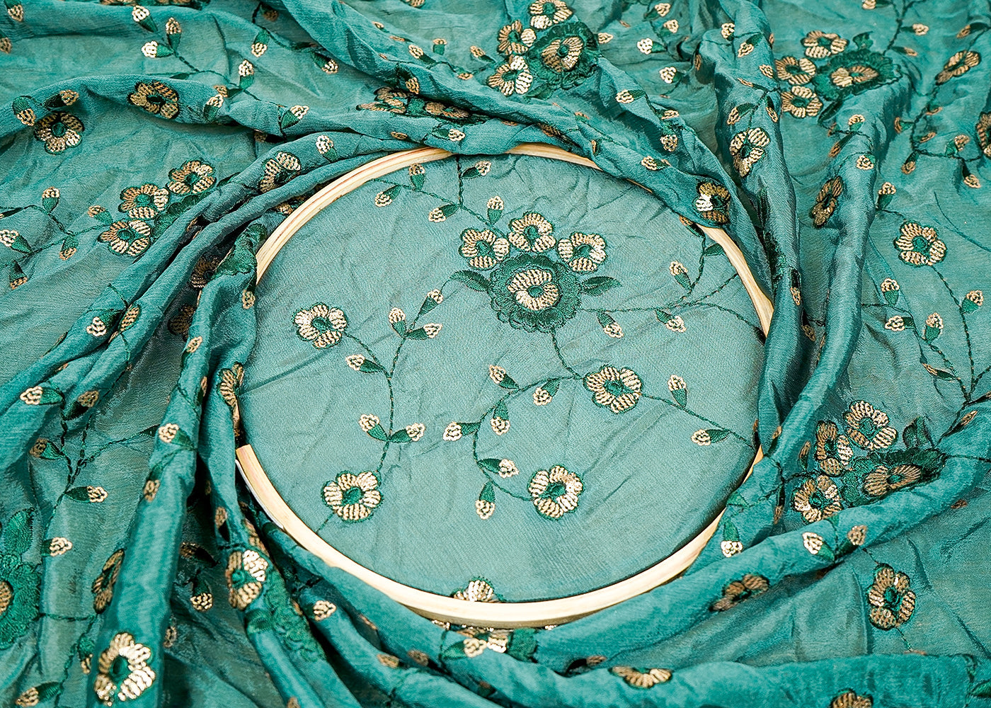 ( Pre-Cut 3.45 MTR) Green Chinon Chiffon Fabric With All Over Thread And Sequins Work 18162