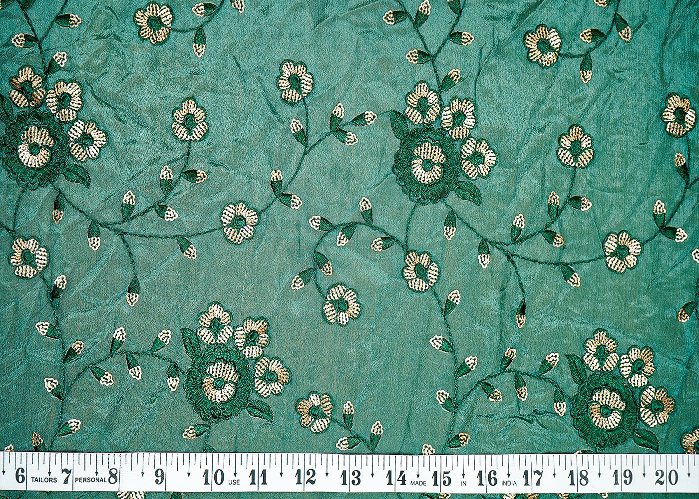 ( Pre-Cut 3.45 MTR) Green Chinon Chiffon Fabric With All Over Thread And Sequins Work 18162