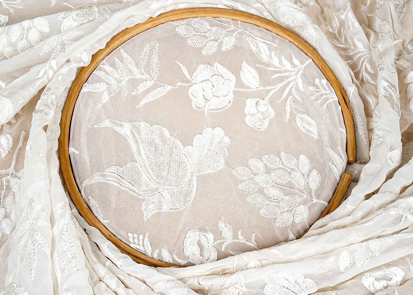( Pre-Cut 2 MTR) White Georgette Fabric With All Over Thread Work 18168