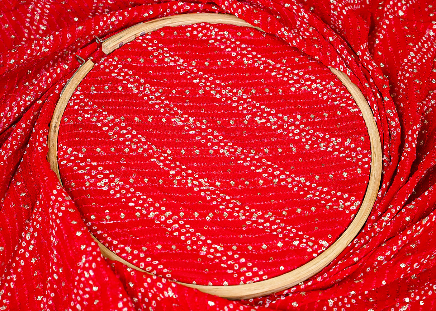( Pre-Cut 1.9 MTR) Red Georgette Fabric With All Over Bandhani Print With Thread And Sequins Work 18170