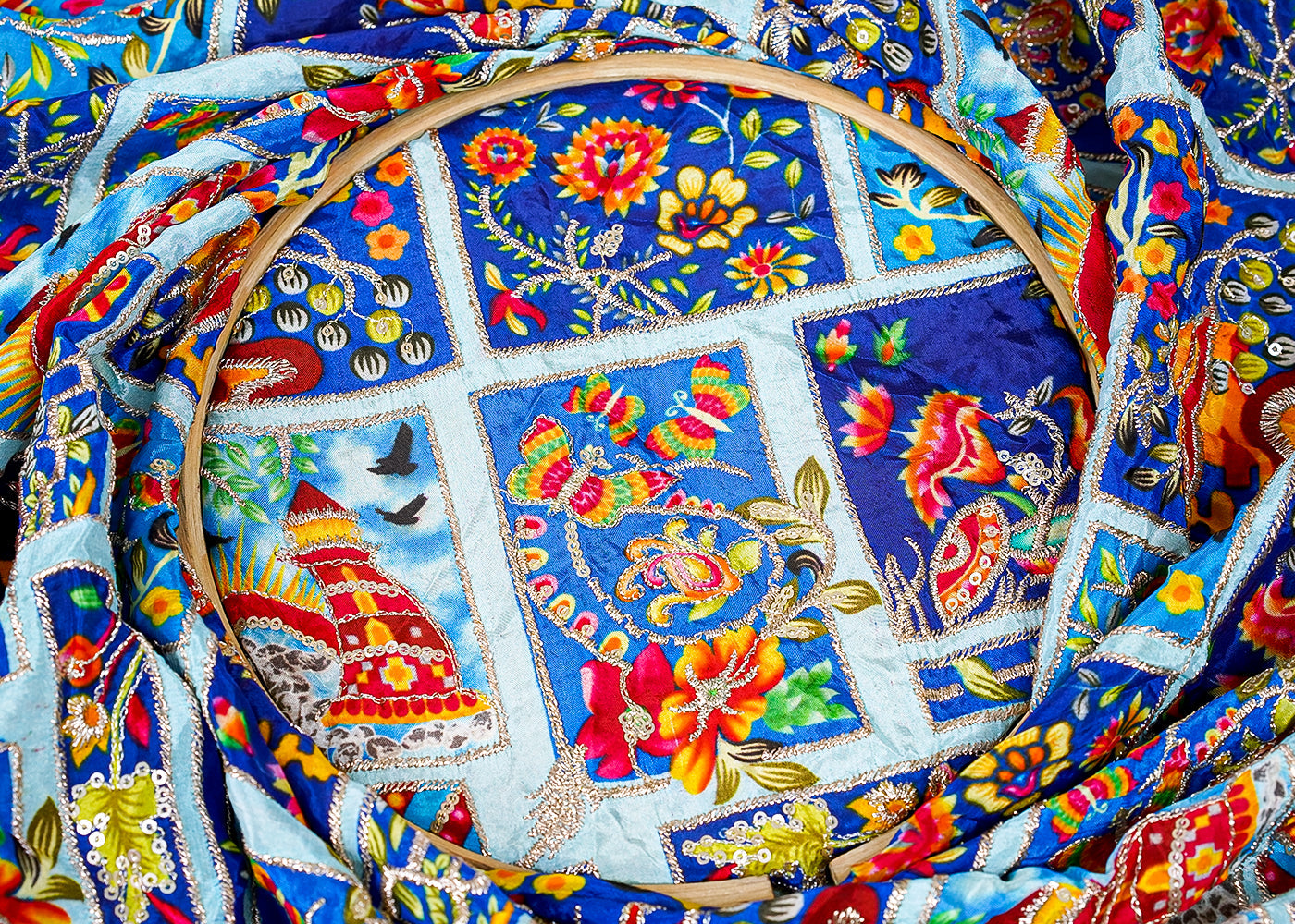 ( Pre-Cut 3 MTR) Blue Crepe Fabric With All Over Abstract Print With Zari And Sequins Work 18174