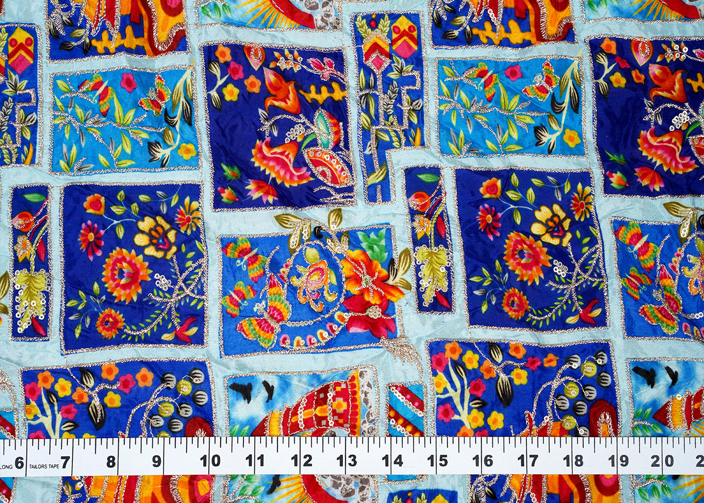 ( Pre-Cut 3 MTR) Blue Crepe Fabric With All Over Abstract Print With Zari And Sequins Work 18174