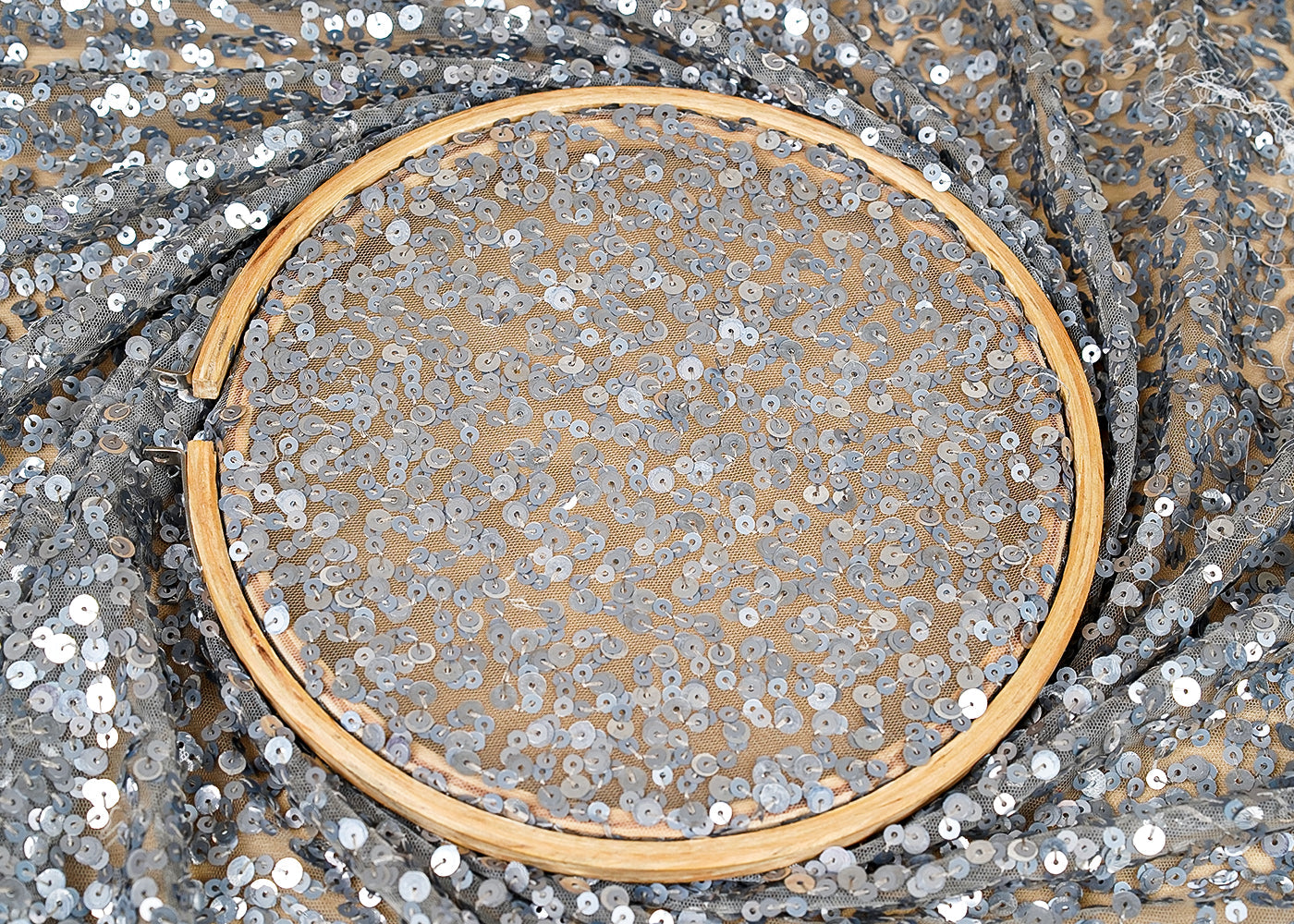 ( Pre-Cut 0.75 MTR) Silver Net Fabric With All Over Sequins Work 18176