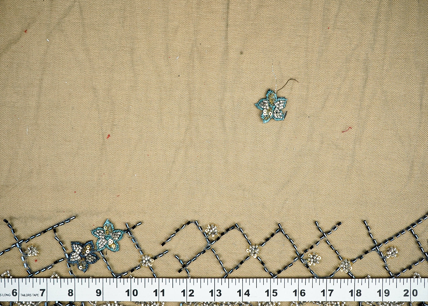 ( Pre-Cut 1.25 MTR) Teal Blue Imported Net Fabric With All Over Thread, Katdana, Bead And Sequins Work 18180