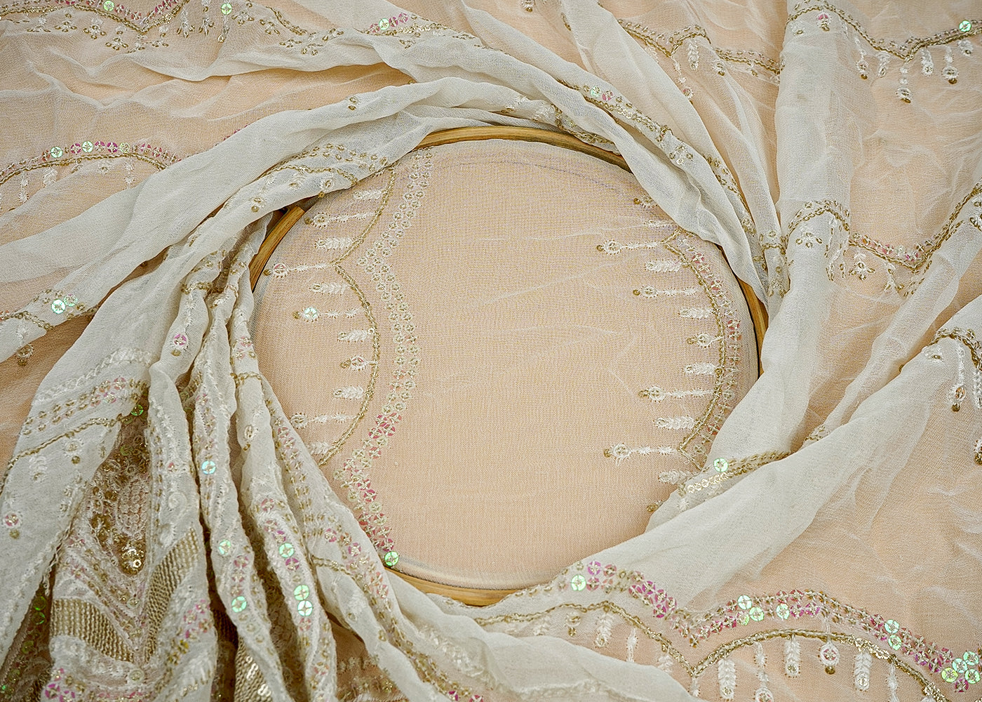( Pre-Cut 1.2 MTR) White Georgette Fabric With All Over Thread, Zari And Rainbow Sequins Work With One Side Heavy Border 18184
