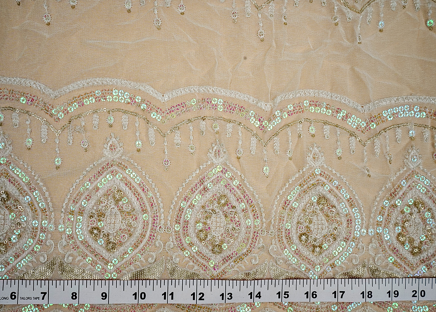 ( Pre-Cut 1.2 MTR) White Georgette Fabric With All Over Thread, Zari And Rainbow Sequins Work With One Side Heavy Border 18184