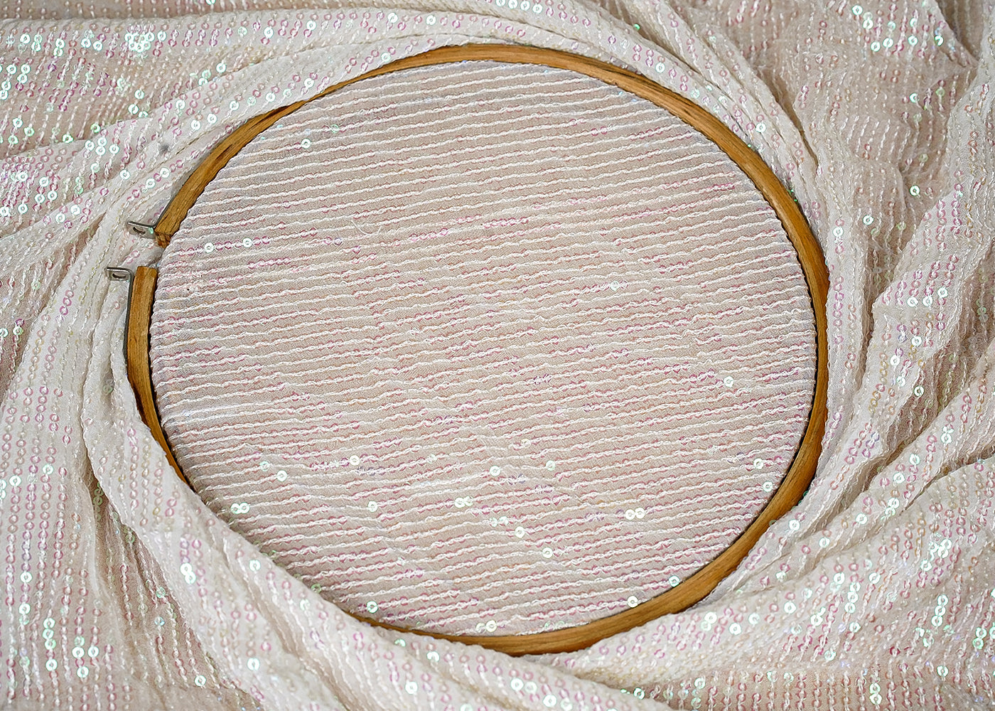 ( Pre-Cut 2 MTR) White Georgette Fabric With All Over Rainbow Sequins  18185
