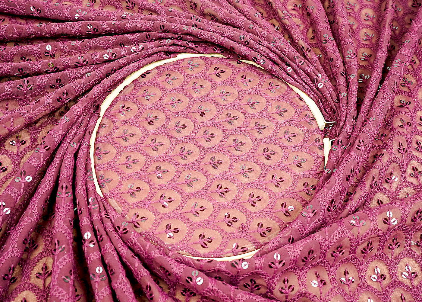 ( Pre-Cut 1.75 MTR) Wine Georgette Fabric With All Over Thread And Sequins Work With One Side Border 18186