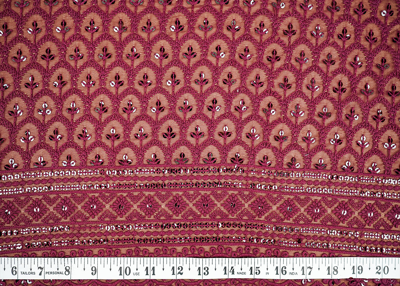 ( Pre-Cut 1.75 MTR) Wine Georgette Fabric With All Over Thread And Sequins Work With One Side Border 18186