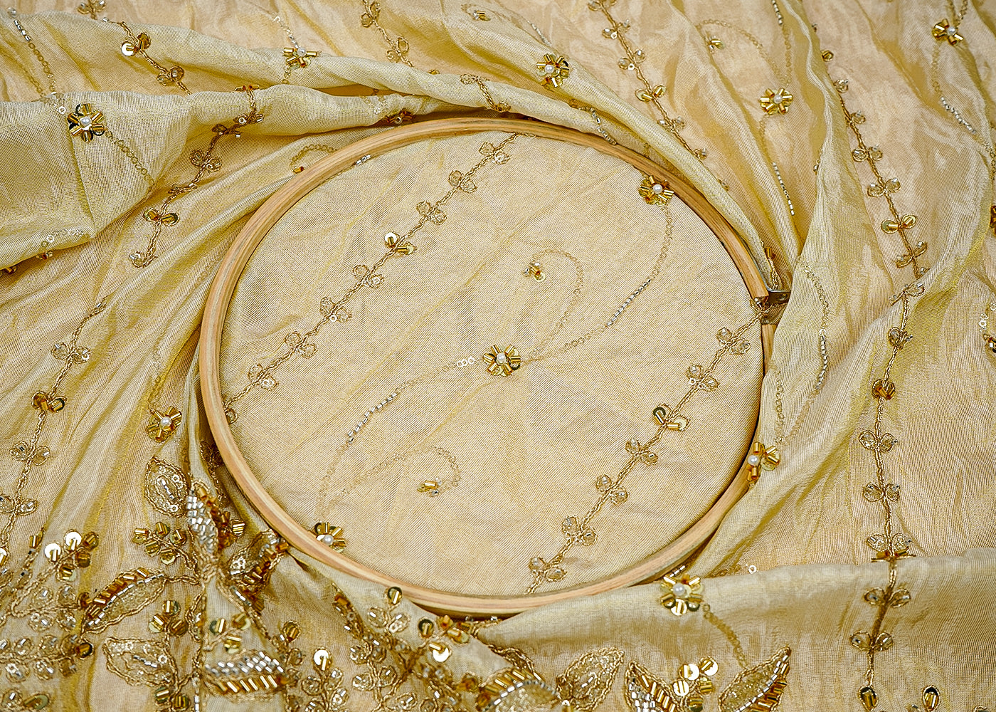 ( Pre-Cut 0.95 MTR) Golden Tissue Fabric With All Over Zari, Sequins, Bead And Katdana Work 18187