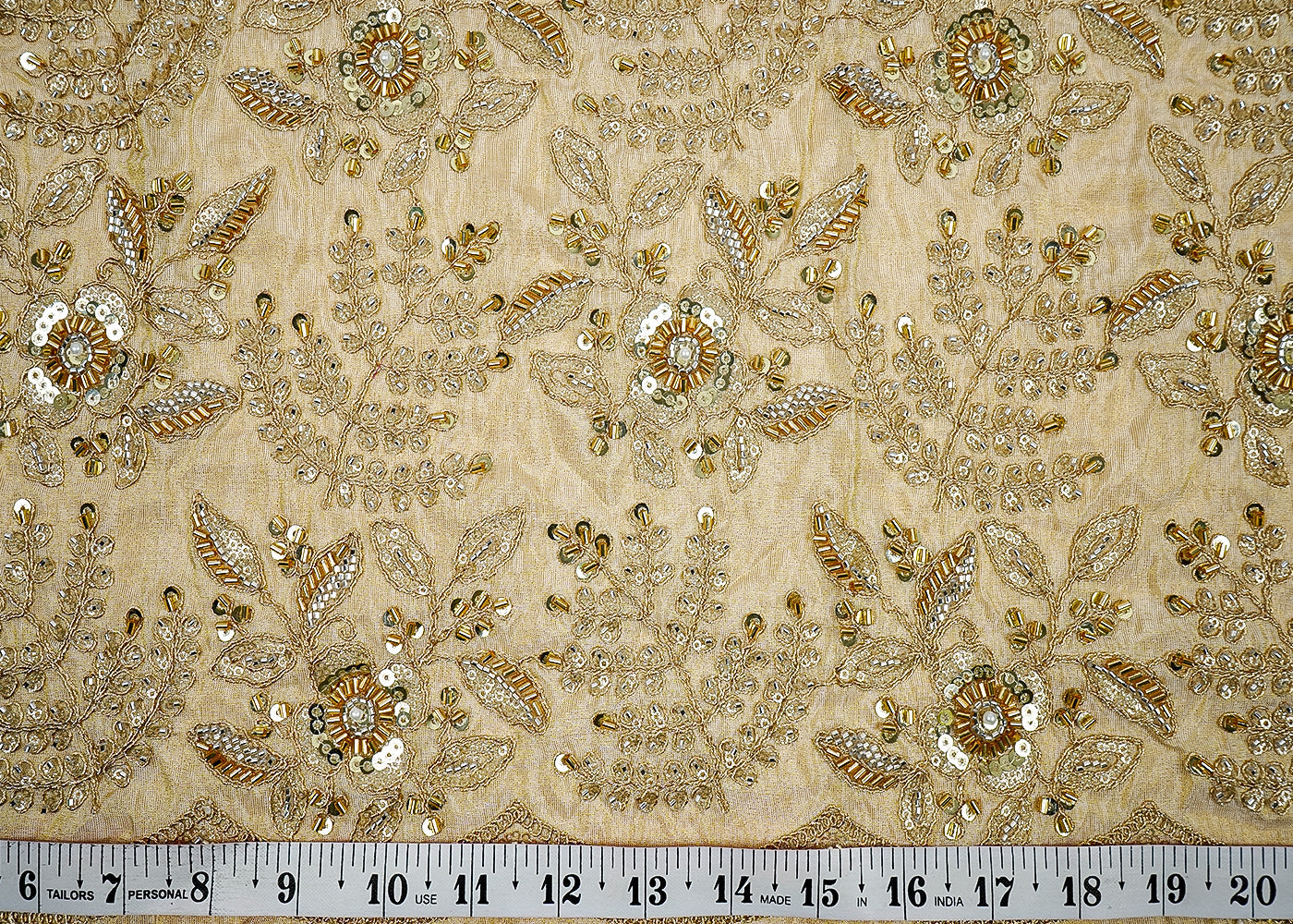 ( Pre-Cut 0.95 MTR) Golden Tissue Fabric With All Over Zari, Sequins, Bead And Katdana Work 18187