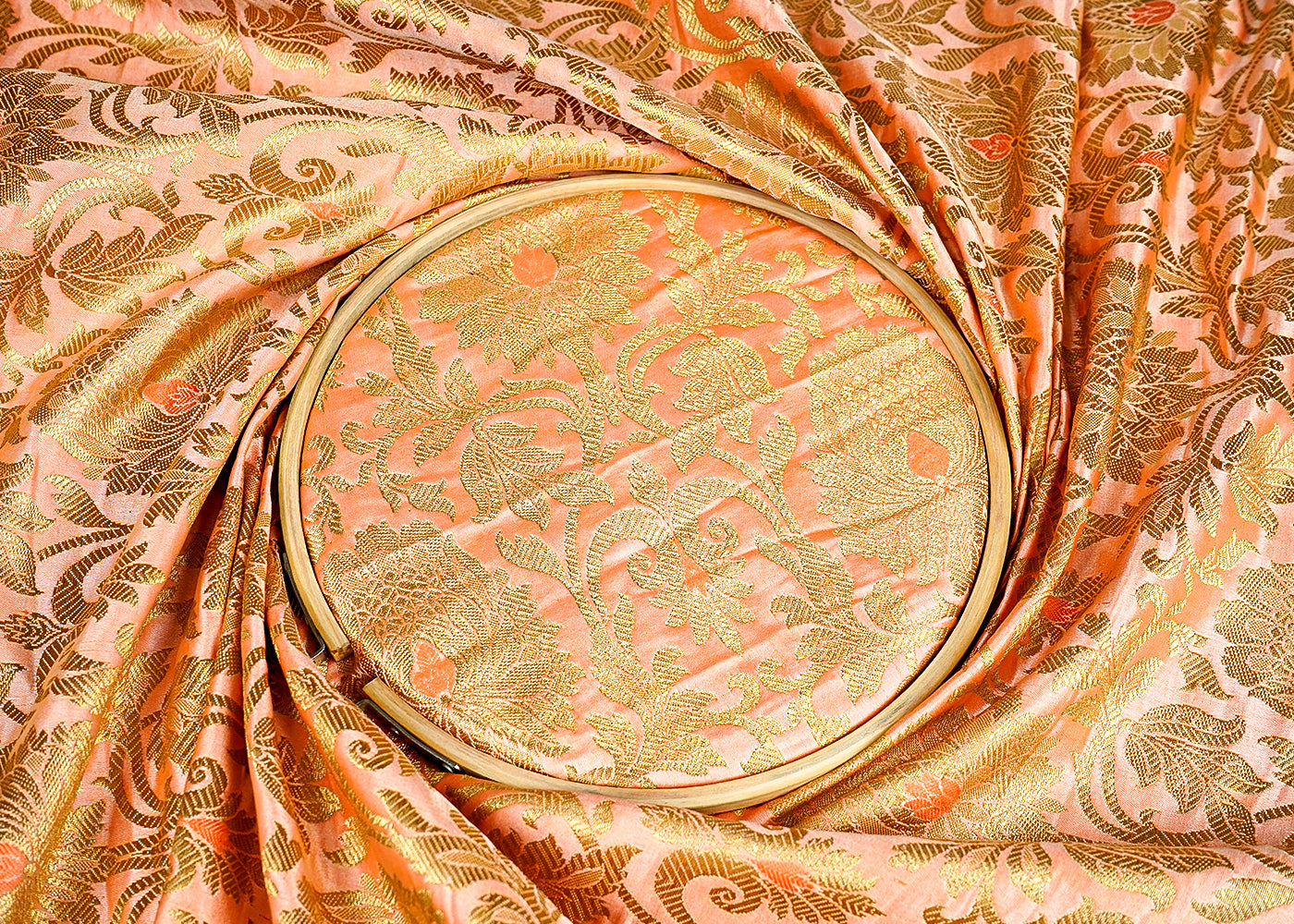 ( Pre-Cut 1 MTR) Peach Banarasi Brocade  Fabric With All Over Golden Zari Handloom 18190