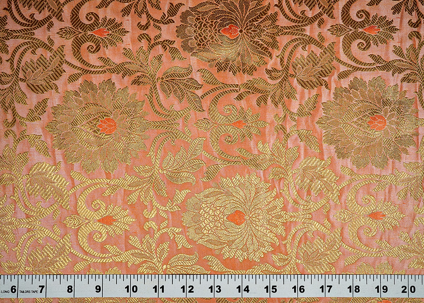 ( Pre-Cut 1 MTR) Peach Banarasi Brocade  Fabric With All Over Golden Zari Handloom 18190