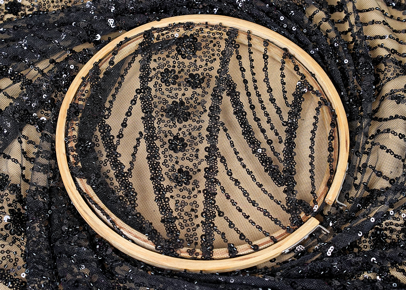 ( Pre-Cut 1.35 MTR) Black Imported Net Fabric With All Over Sequins And Bead Work 18192