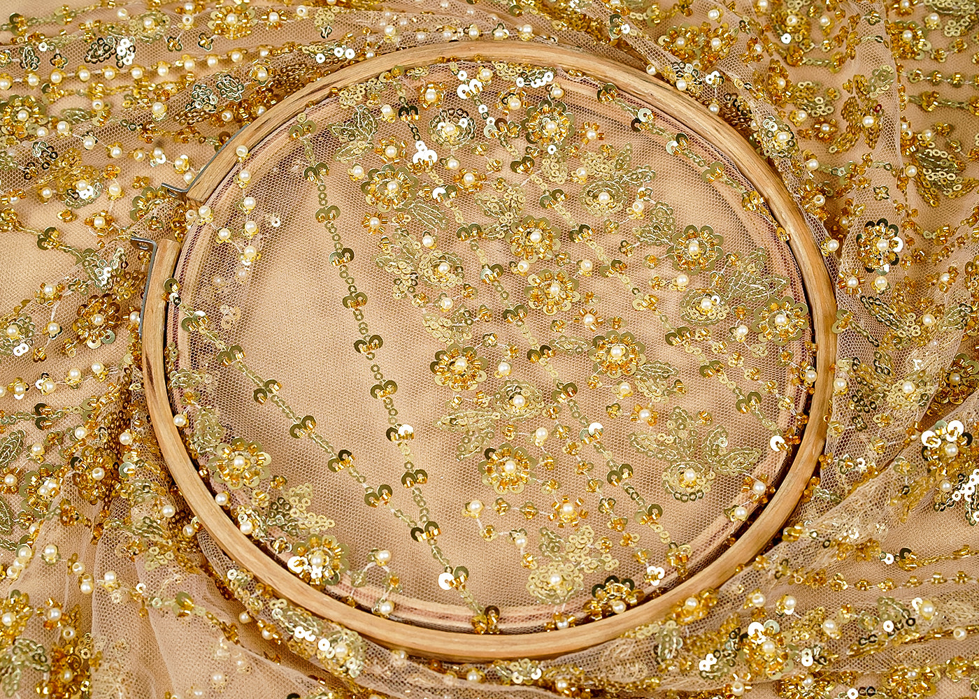 ( Pre-Cut 1.2 MTR) Golden Imported Net Fabric With All Over Bead And Sequins Work With One Side Scalloped Border 18193