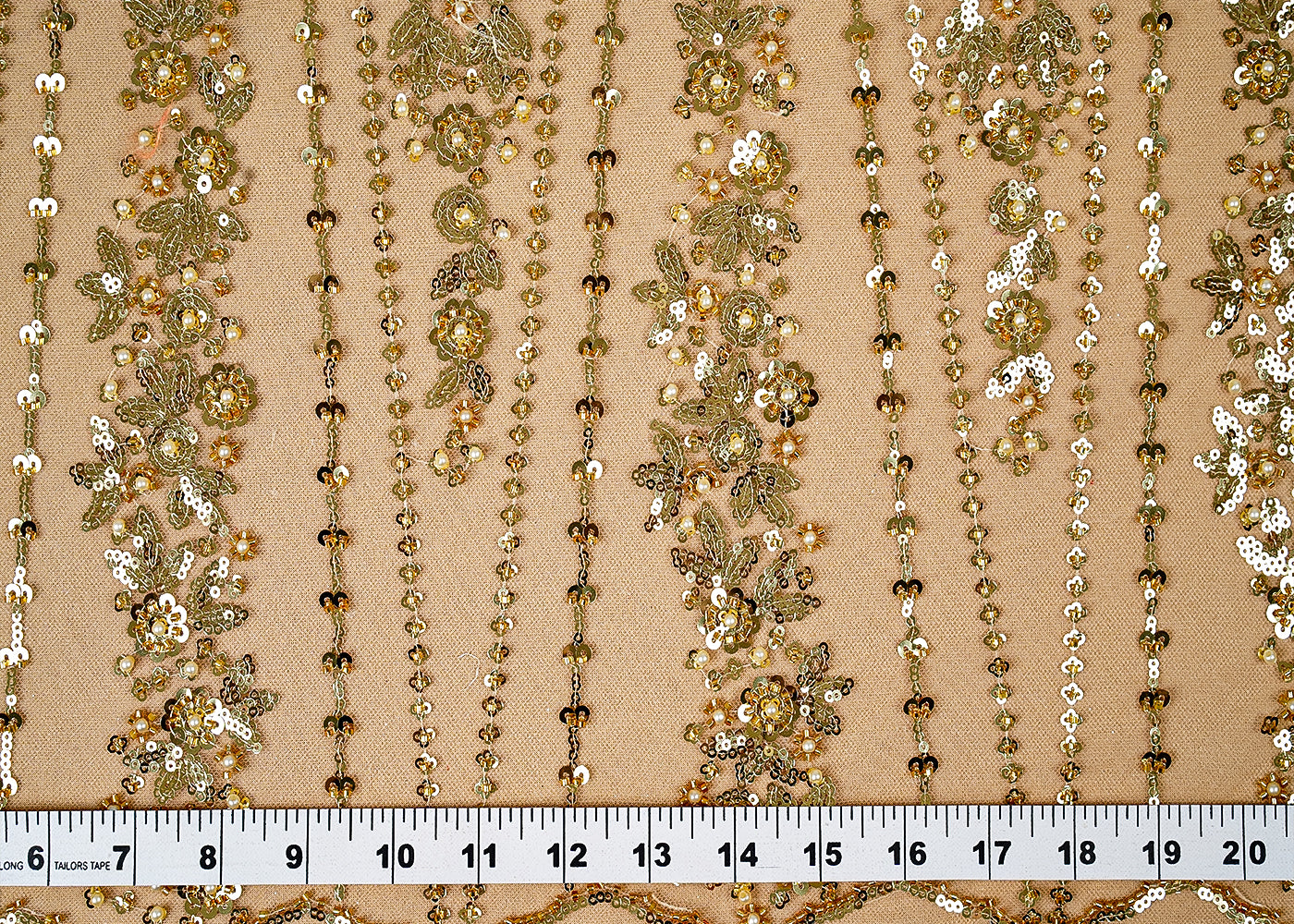 ( Pre-Cut 1.2 MTR) Golden Imported Net Fabric With All Over Bead And Sequins Work With One Side Scalloped Border 18193