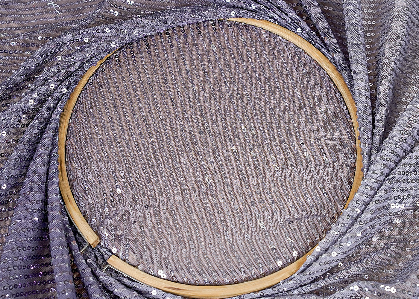 ( Pre-Cut 1.6 MTR) Lavender And Grey Lycra Fabric With  Dual Shade With All Over Sequins Work 18195