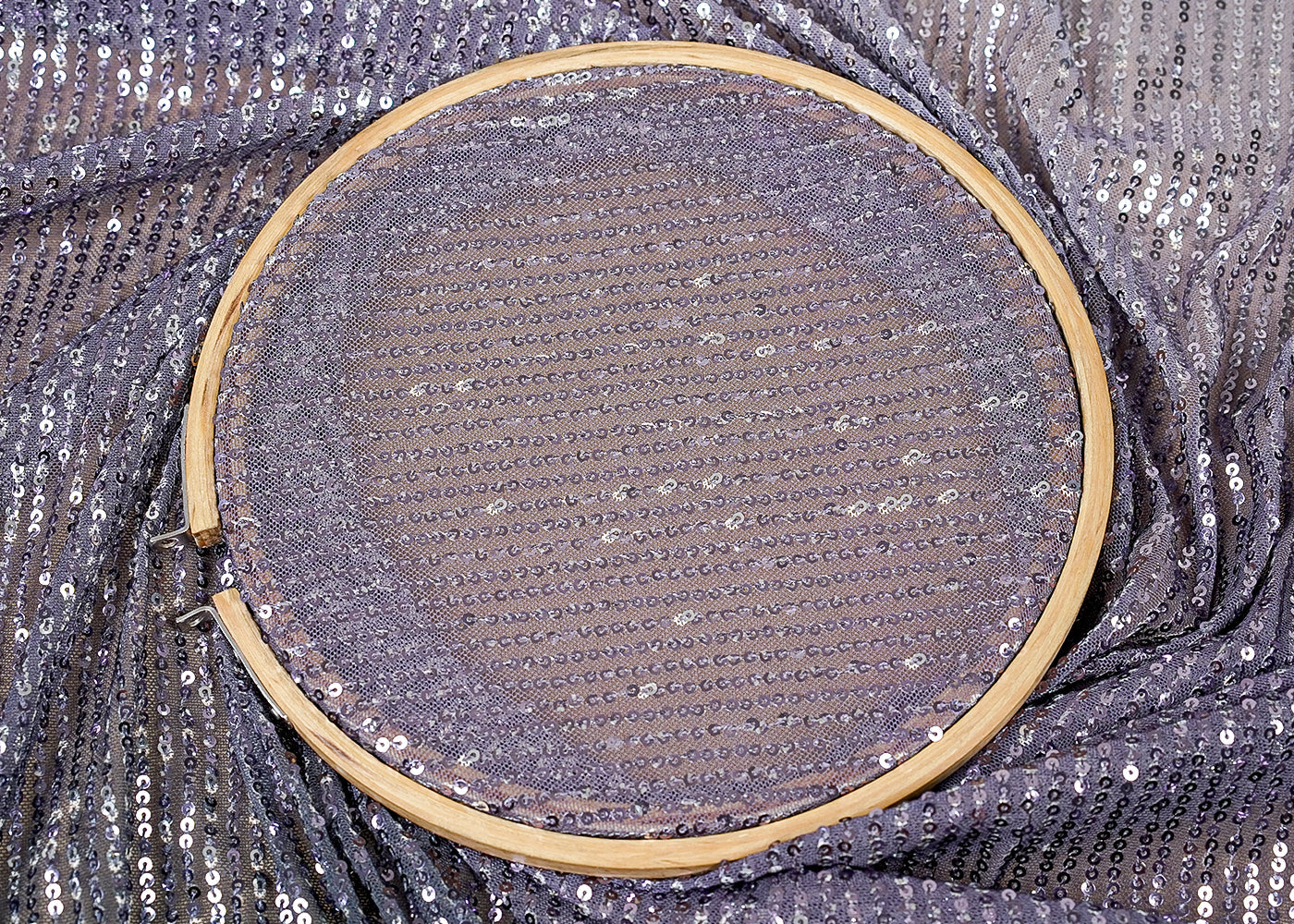 ( Pre-Cut 1.5 MTR) Lavender And Green Lycra Fabric With  Dual Shade All Over Sequins Work 18196