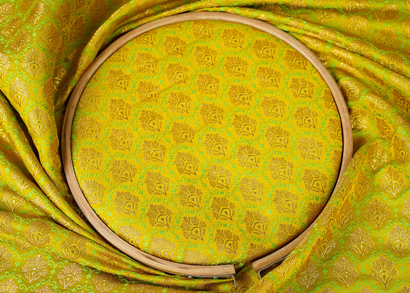 ( Pre-Cut 0.75 MTR) Parrot Green Banarasi Brocade  Fabric With All Over Golden Zari Handloom 18201