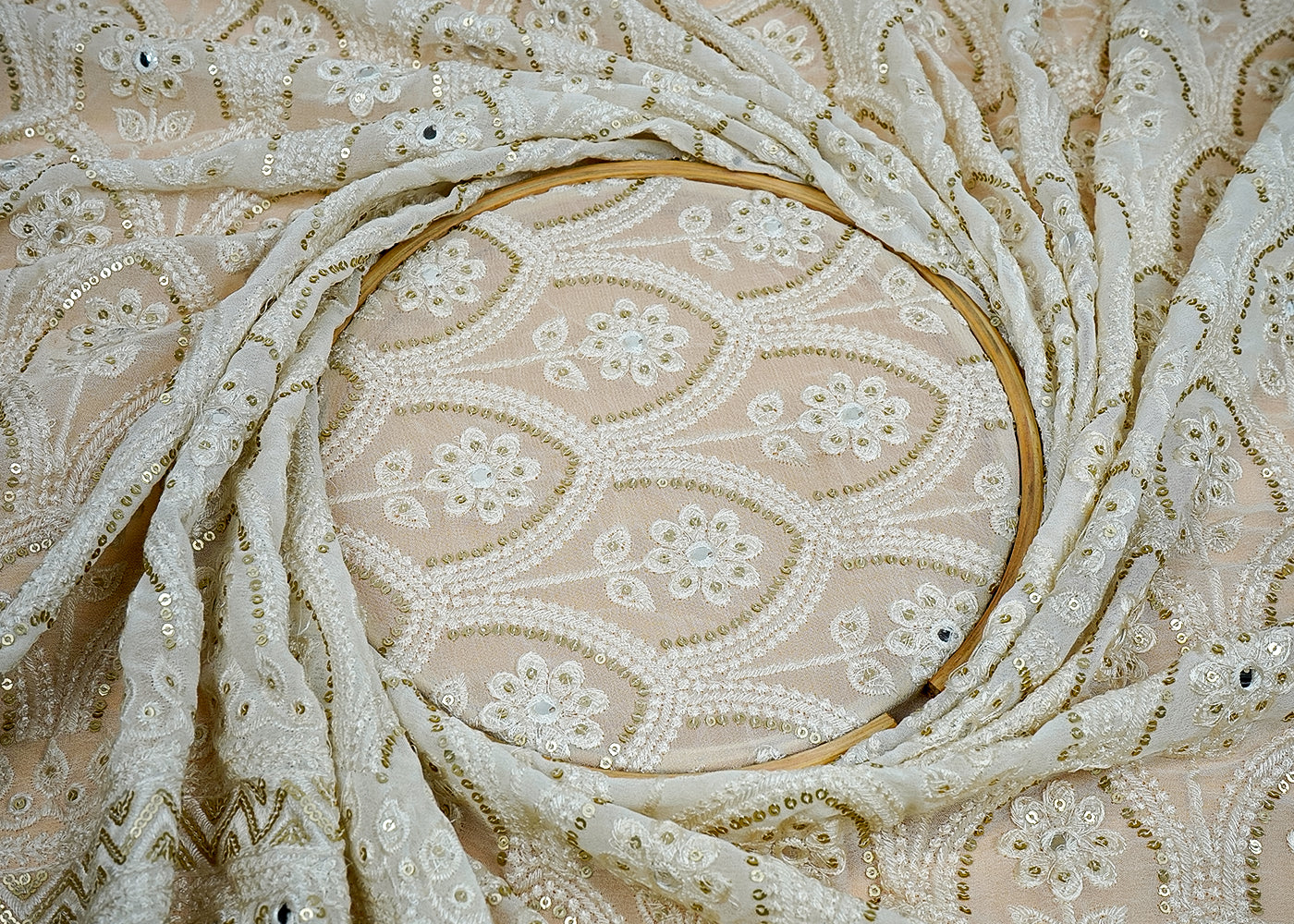 ( Pre-Cut 1.5 MTR) White Georgette Fabric With All Over Thread, Sequins And Faux Mirror Work With One Side Border 18202