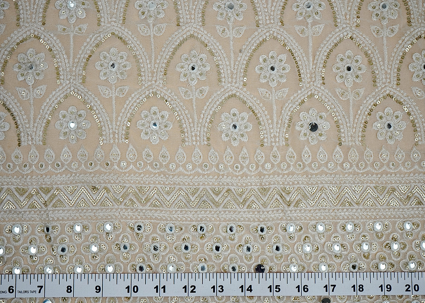 ( Pre-Cut 1.5 MTR) White Georgette Fabric With All Over Thread, Sequins And Faux Mirror Work With One Side Border 18202