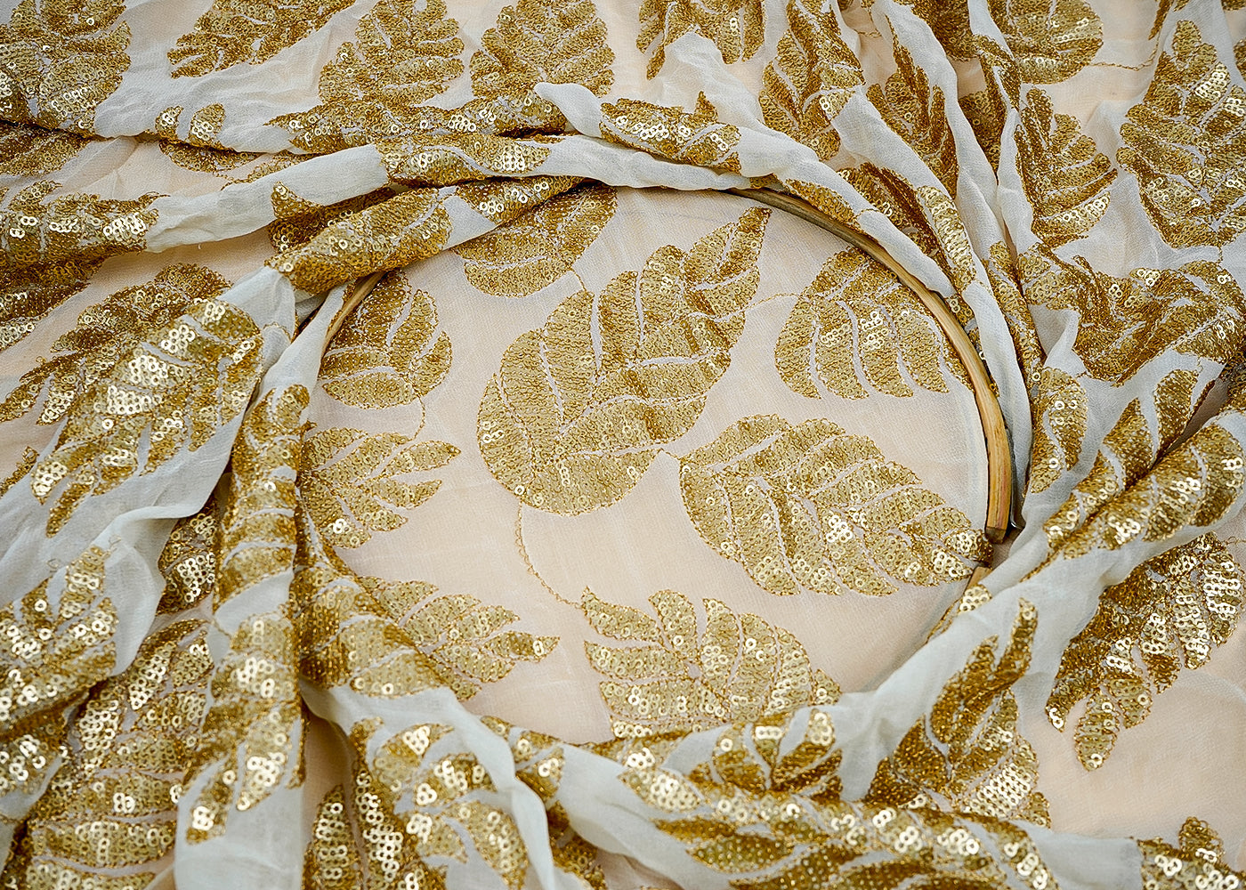 ( Pre-Cut 2.25 MTR) White Georgette Fabric With All Over Sequins Work 18203