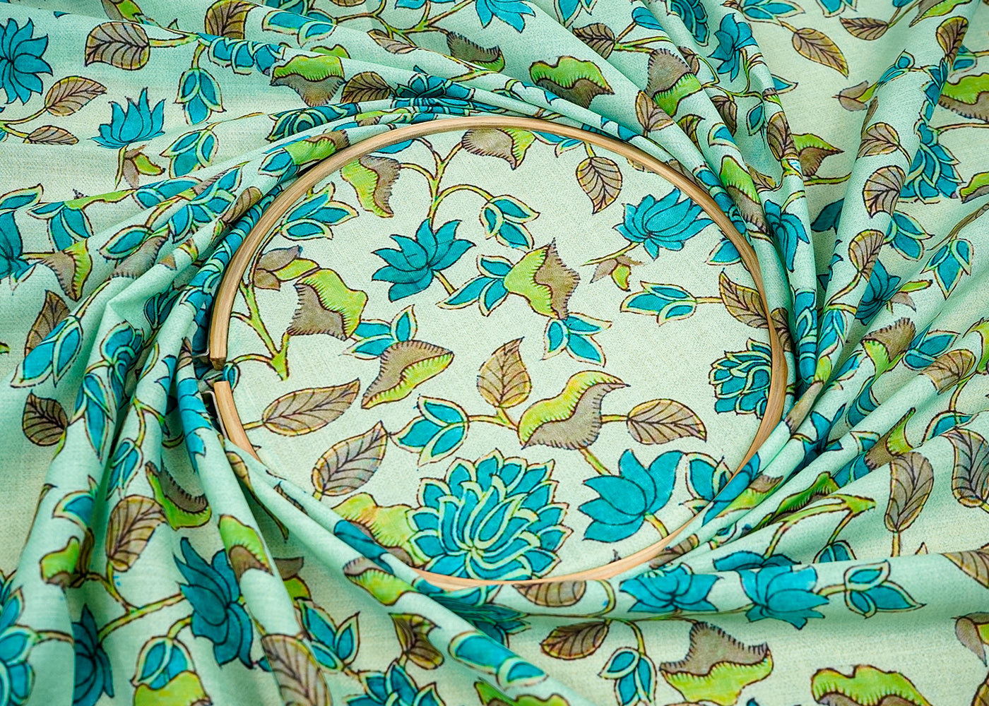 ( Pre-Cut 2 MTR) Sea Green Cotton Fabric With All Over Traditional Print 18208
