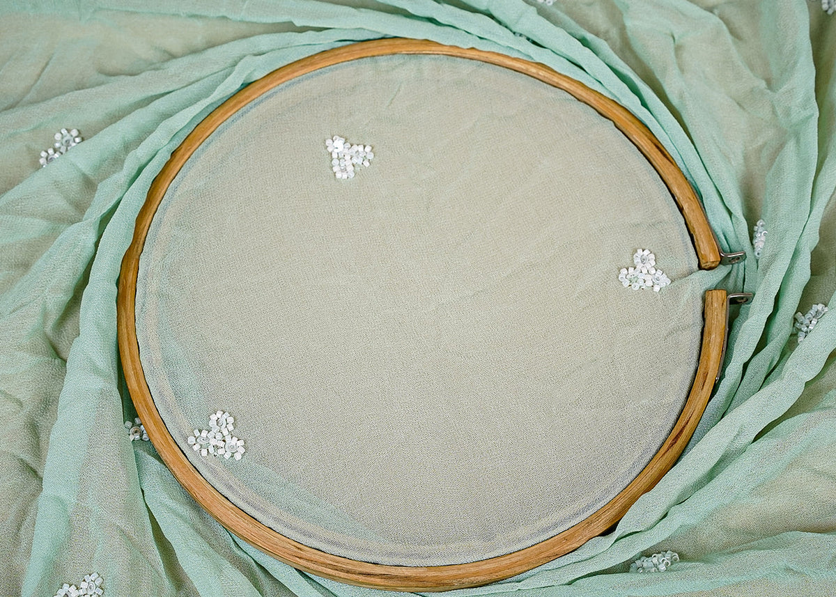 ( Pre-Cut 3 MTR) Sea Green Georgette Fabric With All Over Pearl And Bead Work With Two Side Scalloped Border 18212