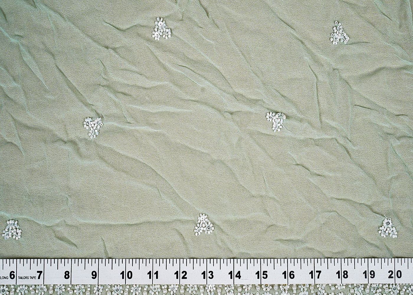 ( Pre-Cut 3 MTR) Sea Green Georgette Fabric With All Over Pearl And Bead Work With Two Side Scalloped Border 18212