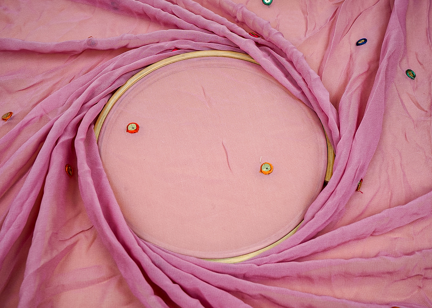 ( Pre-Cut 3 MTR) Pink Georgette Fabric With All Over Sequins And Thread Work With Two Side Border 18214